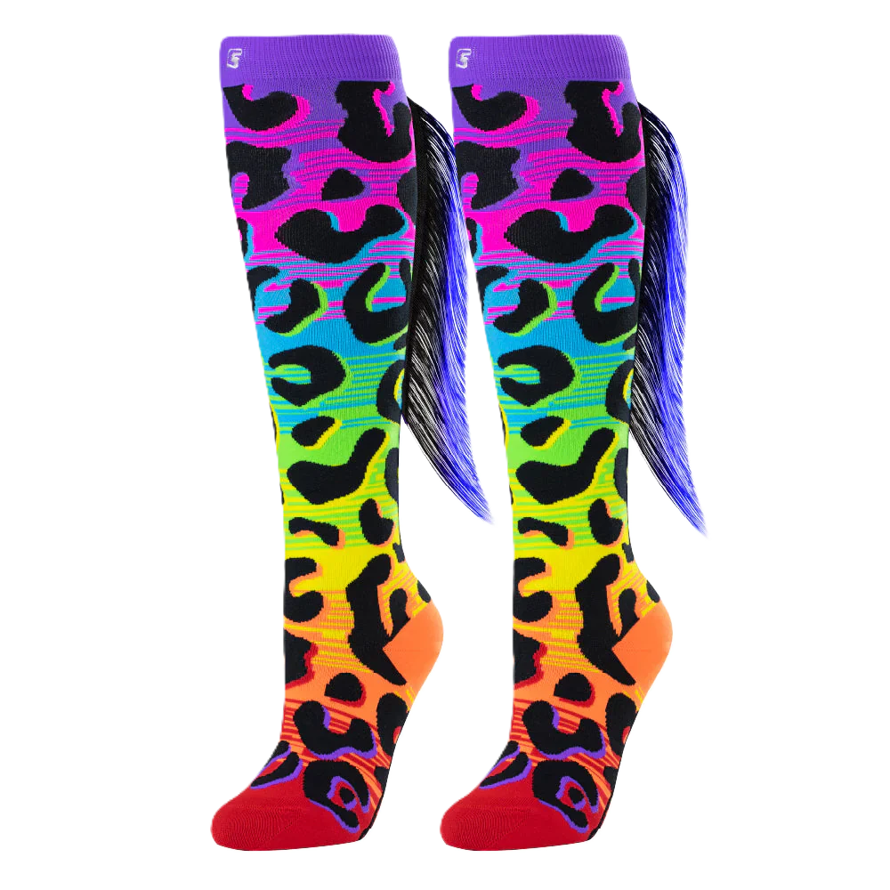 neon rainbow leopard pattern socks with purple fringes